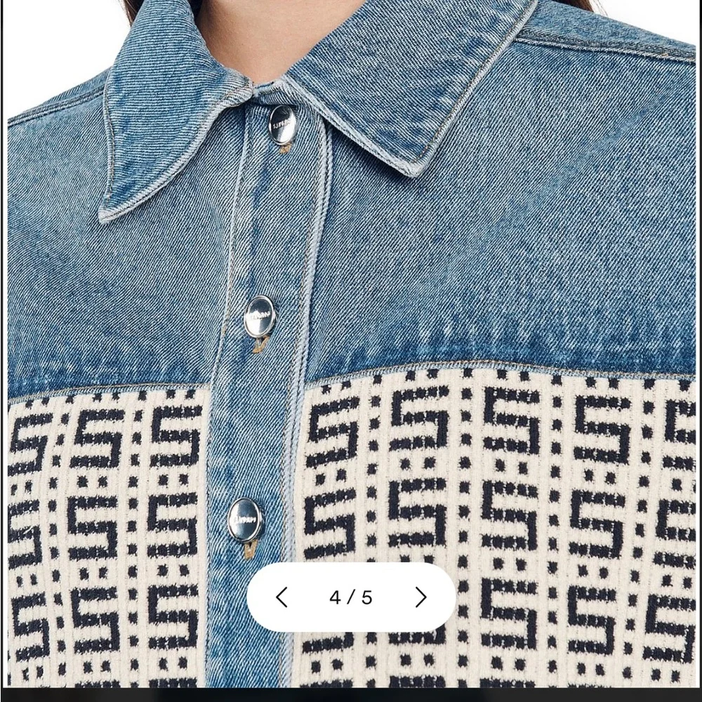 Sandro Blue and White Cropped Denim Jacket - Picture 3 of 10